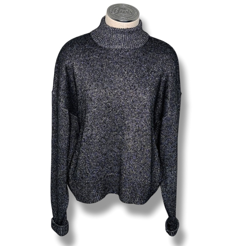 ZARA KNIT Metallic Turtleneck Sweater Women M Black Silver Sparkle Loose‎ Fit